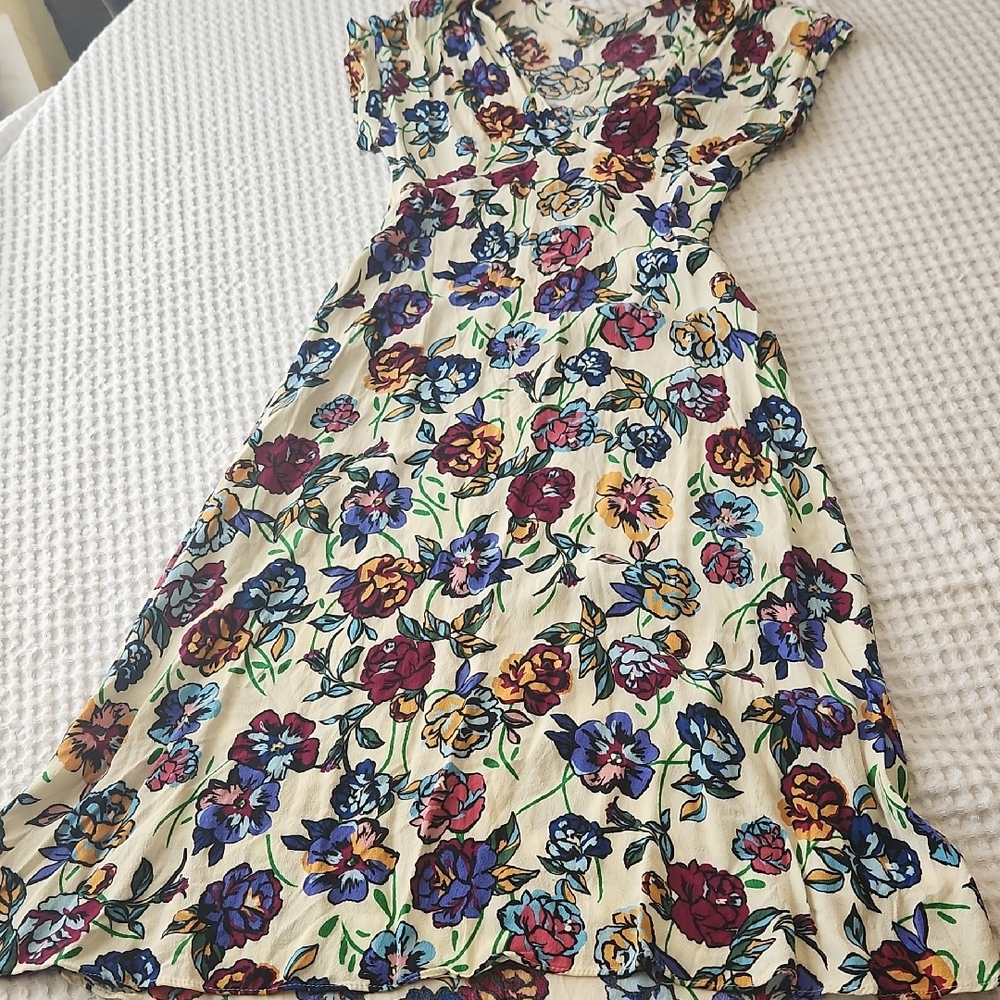 Zara Trafaluc Collection Cream Midi Dress with Multicolor Floral Print Sz SM